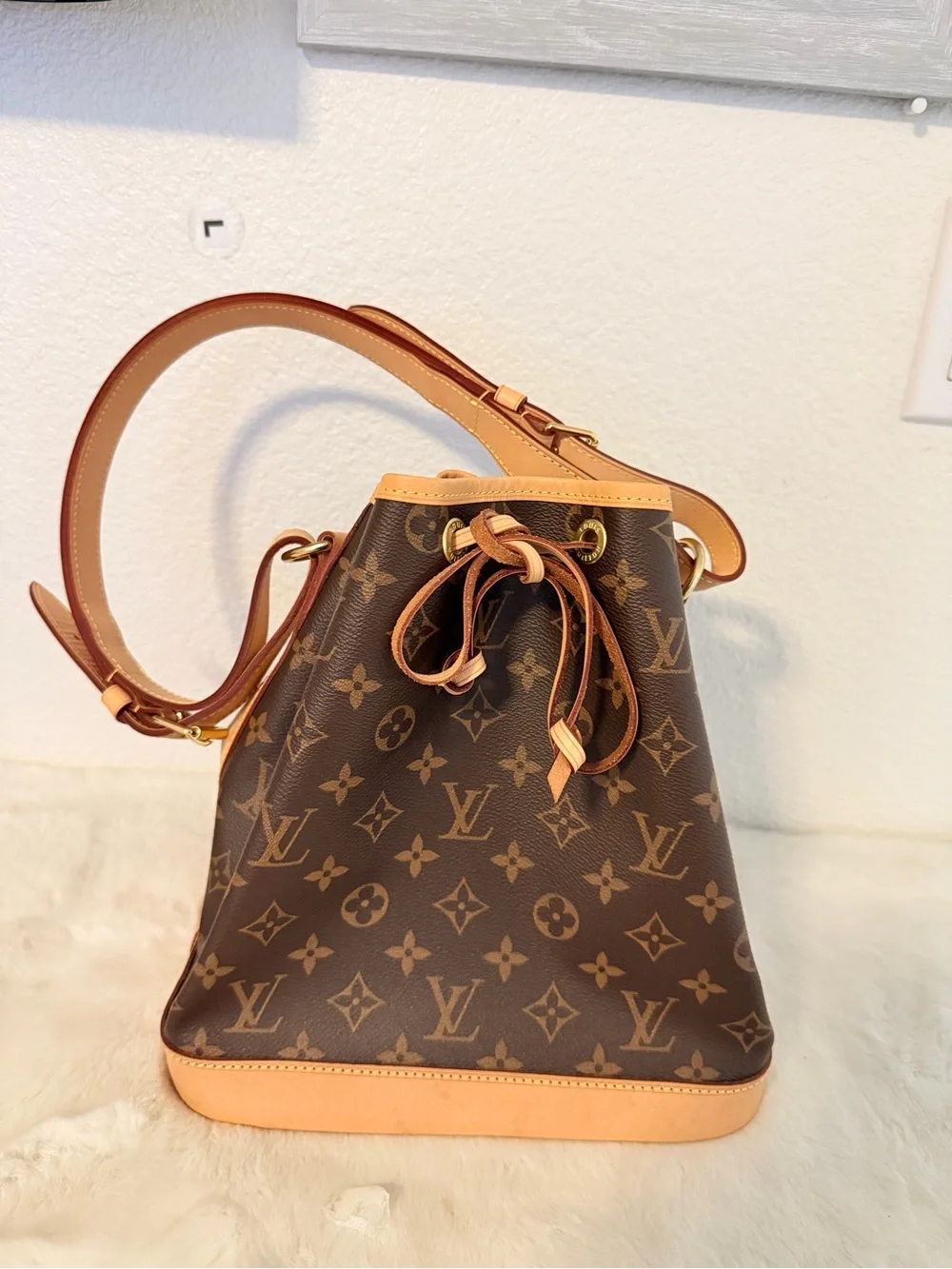 Louis Vuitton Brown Monogram Noe Drawstring Hobo with Tan Trim